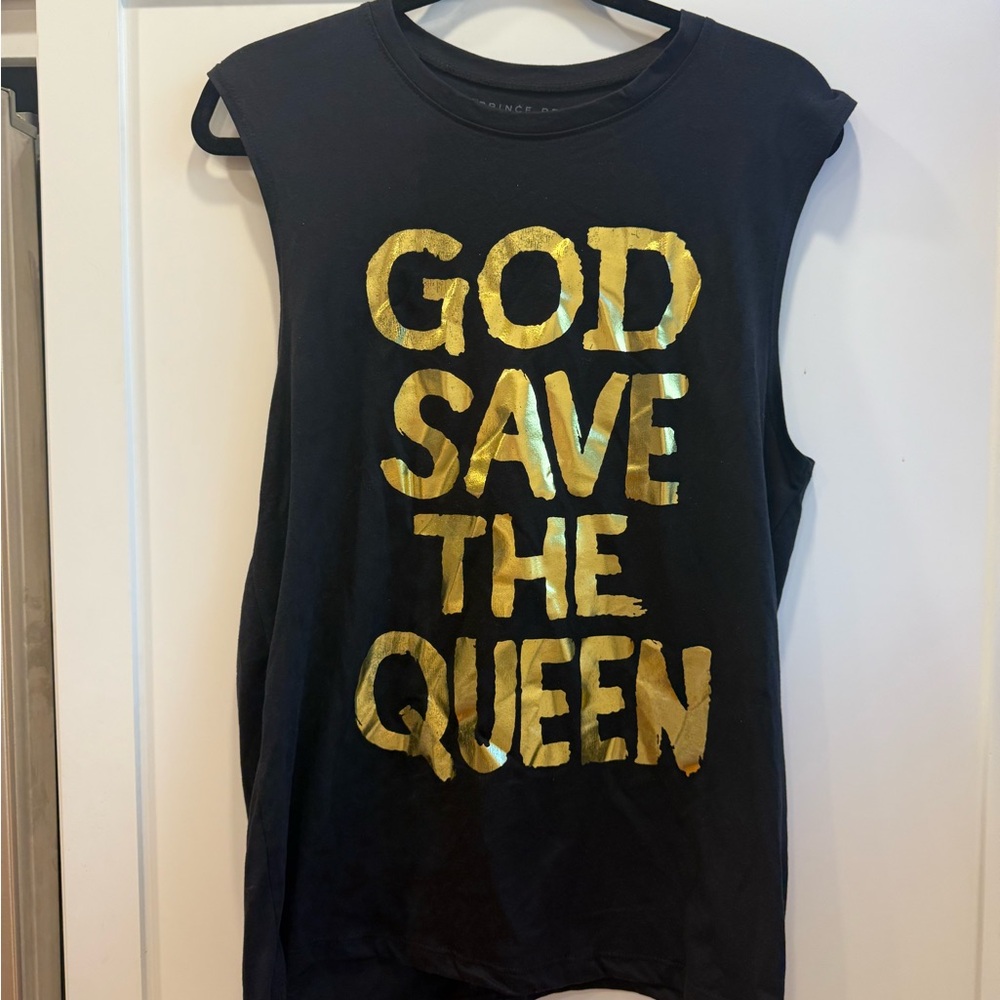God Save The Queen Black Muscle Tee with Gold Print